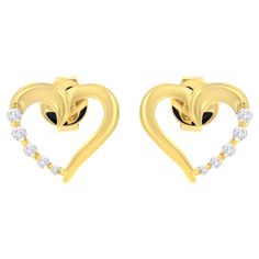 Admire your beloved with the touch of this fascinating Diamond Journey Earrings that will surely captivate her. Stunning pair of heart shaped earrings showcases 10 dazzling round cut diamonds representing your growing love. Diamonds are beautifully prong set in luminous 14 karat yellow gold. Total diamond weighs 1/8 ctw. "Video Available Upon request." Product Features: Diamond Type: Natural White Diamonds Diamond Count: 10 Round-Cut Diamonds Diamond Color: K-L Diamond Clarity: I1-I2 Diamond Wei Heart Hoop Earrings, Heart Shaped Earrings, Heart Shaped Diamond, Yellow Gold Earring, Best Diamond, Earring Findings, Jewelry Earrings Hoops, Diamond Heart, Diamond Gemstone