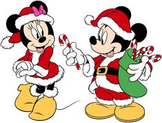 two cartoon characters dressed as santa claus and mickey mouse with candy canes in their hands