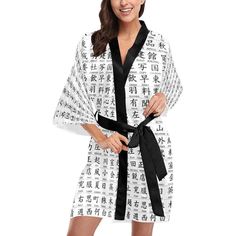 Super comfy and stylish. Perfect choice for daily sleepwear, casual bathrobe, halloween costume, partywear or other occasions. 12.63 Oz. Japanese Kanji Short Sleeve Kimono bathrobe Made from 100% Polyester fabric, lightweight and comfortable. Adjustable size. Outside belt around waist ensures a secure and universal fit.  Care instructions : Do not dry clean; Do not iron; Tumble dry: low heat; Do not bleach; Machine wash: cold (max 30C or 90F), gentle cycle Vintage item Materials: polyester Made White Sleepwear With Kimono Sleeves For Loungewear, White Kimono Sleeve Sleepwear For Home, Short Sleeve Kimono, Long Sleeve Kimono, Japanese Kanji, Party Kleidung, Pajama Robe, Short Long, Mom Birthday