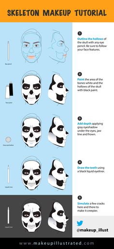 Illustrated skeleton makeup tutorial! CCW! #styled247 Makijaż Sugar Skull, Skeleton Makeup Tutorial, Make Up Guide, Halloween Makeup Inspiration, Smink Inspiration