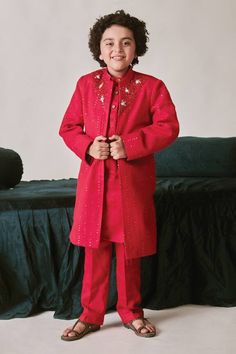 Crimson red sherwani with thread, sequin, cutdana, bead, crystal embroidery. Paired with kurta and pant. - Aza Fashions Red Sherwani For Festive Occasions, Red Sherwani With Resham Embroidery Bollywood Style, Bollywood Style Red Sherwani With Zari Work, Red Sherwani For Eid With Traditional Drape, Red Dabka Kurta For Celebration, Bollywood Style Red Bandhgala With Resham Embroidery, Festive Red Salwar Kameez With Handwork, Red Handwork Salwar Kameez For Festive Occasions, Traditional Red Kurta With Handwork