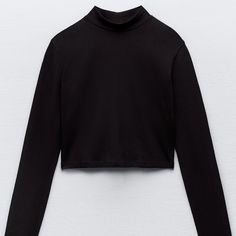 Cropped Mock Neck Top Black High Neck Classic Top, Classic Black High Neck Top, Classic High Neck Black Top, Classic Black Turtleneck Top, Black Cotton Turtleneck Top, Basic Black Tops For Fall, Black High Neck Cotton Top, Zara Classic Black Tops, Classic Black Zara Top