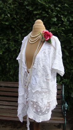 WHITE LINEN LACE X Coat Jacket Patchwork Doilies Lace Vintage Recycled Reworked Uneven Hem Boho Size L - Etsy Doily Clothes, Lace Patchwork Cover-up For Vacation, Vintage Lace Top With Lace Patchwork For Daywear, White Cotton Lace Patchwork Top, Bohemian Summer Lace Patchwork Cover-up, Bohemian Lace Cover-up With Lace Patchwork, Bridal Gloves, Sewing Circles, Lace Outfit