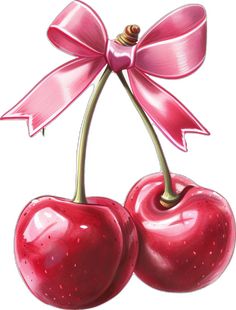 two cherries tied with a pink ribbon and a bow on the end of each one