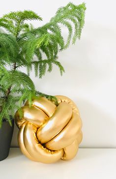 a potted plant next to a gold knot sculpture