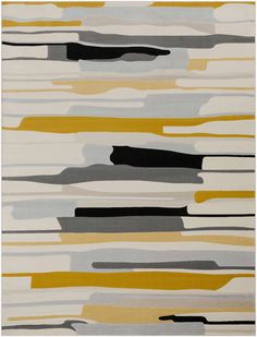 an abstract rug with yellow, grey and black stripes on the bottom half of it