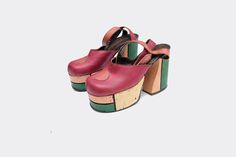 "Vintage 70s 'Stefano Marazzini' multicolour leather platform shoes with cork platforms and wooden heels. Fastens with a metal buckle on the ankle. These are a collectable piece of history by the iconic brand (another pair currently on display at the met museum).  Measurements: - Insole 8.8\" - Platform 1.5\" - Heels 4.25\" Size: Labelled as a 35 but the insole measurement corresponds to a UK 4 EU 37 US 6.5 Great vintage condition - Some general wear due to age but doesn't take from the overall Retro Style Platform Clogs With Round Toe, Retro Platform Clogs With Round Toe, Cork Heels With Wooden Heel And Round Toe, Vintage High Heel Platform Clogs, The Met Museum, Leather Platform Shoes, Wooden Heels, Air Force Blue, Womens Mary Janes