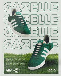 an advertisement for adidas with two green shoes on the grass in front of it