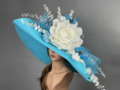 "Vogue hats are perfect for horse racing events, church, the Kentucky derby, weddings, garden tea parties and charity events. One size hat.(20.5\"-22.5\") adjustable inner band Brim is 10\". Wired brim. Light weight. THIS HAT IS NOT RETURNABLE AND IS NON-REFUNDABLE. Please visit my other shop https://www.etsy.com/shop/BridalWorldAccessory Thank you very much for shopping at my shop. Have a great day." Blue Mini Hats For Spring Beach Occasions, Light Blue Hat For Royal Ascot Races, Spring Blue Fascinator For Garden Party, Blue Spring Fascinator For Garden Party, Brimmed Blue Fascinator For Spring, Blue Brimmed Fascinator For Spring, Blue Brimmed Mini Hats For Spring, Blue Curved Brim Fascinator For The Beach, Blue Curved Brim Fascinator For Beach