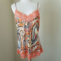 No Tag But Never Worn Excellent Condition V-Neck 100% Silk Sequence Spread On Top Of Lace Adjustable Straps Gorgeous Print Multicolor Sleeveless Tank Top For Loungewear, Orange Spaghetti Strap Camisole For Summer, Orange Spaghetti Straps Camisole For Summer, Summer Orange Cami Tank Top, Orange Sleeveless Camisole For Spring, Orange Cami Tank Top For Summer, Orange Sleeveless Casual Camisole, Orange Casual Sleeveless Camisole, Casual Orange Sleeveless Camisole