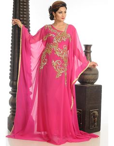 Women Fuchsia Pink Georgette Hand Zari Embroidery Farasha Farasha, Silver, Georgette, Handmade, Fuchsia Pink, Pink, Kaftans, XS, S, M, L, XL, 2XL, 3XL, 4XL, 5XL, 6XL, 7XL:Arabic Attire Diwali Embellished Long Sleeve Kaftan, Long Sleeve Embellished Kaftan For Diwali, Embellished Long Sleeve Kaftan For Diwali, Semi-stitched Long Sleeve Kaftan For Party, Long Pink Embroidered Kaftan, Long Embroidered Pink Kaftan, Long Sleeve Kaftan With Zari Work For Diwali, Pink Zari Work Kaftan For Party, Resham Embroidered Kaftan For Reception