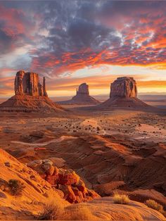 the desert is full of rock formations at sunset