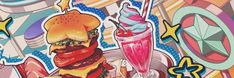 a painting of a burger and two drinks