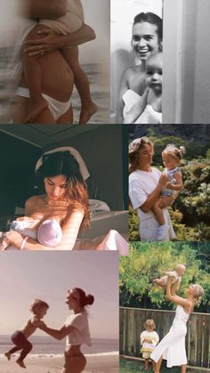 many different pictures of people in white outfits and one is holding a baby, while the other