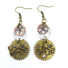 Three-color Gear Octopus Steampunk Earrings Boho Tiara, Gear Earrings, Steampunk Octopus, Steampunk Earrings, Punk Earrings, Style Steampunk, Red Copper, Boho Pendant, Style Punk