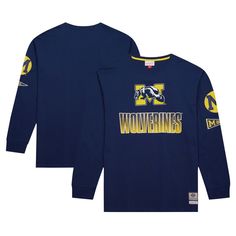 Show off your Michigan Wolverines pride with this Mitchell & Ness Throwback Allover Long Sleeve T-Shirt. The vintage team logo embroidered at the top front center adds a touch of nostalgia, while the throwback team details printed down the left sleeve enhance the retro vibe. This tee is a must-have for any Wolverines fan looking to rep their team with a retro collegiate look. Long Sleeve T-shirt With Team Logo For Streetwear, Long Sleeve Cotton T-shirt With University Logo, Long Sleeve Team Logo T-shirt For Streetwear, Game Day Long Sleeve Tops With Team Logo, Varsity Graphic Print Top For Fan Gear, Throwback Sports Season Tops With Team Logo, Throwback Crew Neck Top For Game Day, Sports Cotton Tops With Embroidered Logo, Collegiate Tops With University Logo For Game Day