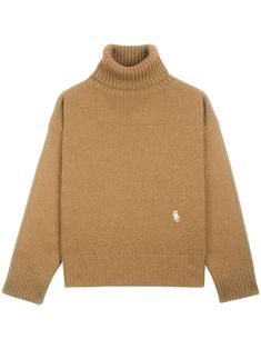 camel brown wool intarsia knit embroidered logo to the front long sleeves high neck ribbed cuffs and hem Fall Thrift, Wool Jumper, Embroidered Wool, Sporty And Rich, Wonderful Things, Knitwear Women, Logo Embroidered, Size Clothing, Camel