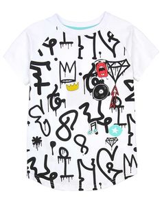 White Hip Hop Tops With Character Print, Playful Graphic Crew Neck T-shirt, Playful Short Sleeve Tops With Graffiti Print, Playful Crew Neck T-shirt With Graphic Design, Playful Graphic Print Tops For Streetwear, Urban Style White Top With Character Print, Playful White T-shirt With Graphic Print, Playful Streetwear T-shirt With Logo Print, Playful Graphic Print T-shirt For Streetwear