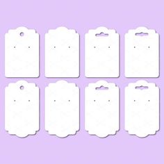 six white tags with holes cut out from them on a purple background, set of eight