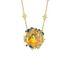 Anthony Lent Celestial Cherub Fire Opal Necklace History Of Art, Branch Necklace, Fire Opal Necklace, Mexican Fire Opal, Hand Necklace, The Heavens, The Cosmos, Yellow Gold Chain, Opal Pendants