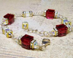 Red Crystal Bracelet Gold Filled, Garnet Swarovski Crystal Cube Bracelet, Scarlet Bridesmaid Wedding Red Garnet Crystal, Modern Wedding Jewelry, Crimson Wedding, January Birthday Gifts, Bridal Party Jewelry, January Birthday, Garnet Crystal, Red Jewelry, Garnet Jewelry