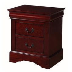 a wooden nightstand with two drawers on one side and an open drawer on the other