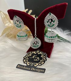 Beautiful American Diamond Jhumki Earrings with Tikka| Perfect for Wedding, Party wear occassion | High end AD Jhumki|Silver| Pink, Ruby, Mint, White, Emerald Green, Navy Ad Jjumki Tika set. ⭐️Made with the Finest & High End Quality.  ⭐️ Set comes with Jhumki/Jhumka style earrings and mang tikka. Material- American Diamond Colors- - Pink - Ruby - Mint -White - Emerald green -Navy High End Quality 100% Satisfaction Guarantee: Long Lasting Plating, High-Quality Stones. Perfect for any occassion-We Diamond Earrings Indian, Mang Tikka, Sabyasachi Jewellery, Wedding Party Wear, Pink Ruby, Jhumki Earrings, Bollywood Jewelry, Statement Choker Necklace, Pakistani Jewelry