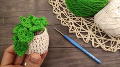 someone is holding a crochet potted plant in their left hand and yarn next to it