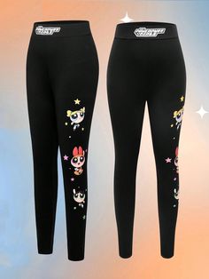 Summer Black Cartoon Pattern Basic Cute Casual Style Leggings Black Casual   Knitted Fabric Animal,Cartoon,Letter Regular Medium Stretch  Women Clothing, size features are:Bust: ,Length: ,Sleeve Length: Mode Des Leggings, Leggings Mode, Style Leggings, Powerpuff Girl, Bow Shorts, Cute Leggings, Animal Cartoon, Black Cartoon, Casual Sporty