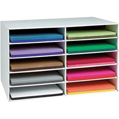 multicolored paper and file organizer with dividers on each side for storing files or folders