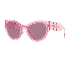 New Versace Transparent Pink Sunglasses With Pink Lenses Frame Is Plastic Dimensions Are 53-23-140 Comes With Hard Case Cleaning Cloth Product And Certification Of Guarantee Boolets Designer Clear Sunglasses With Polarized Lenses, Designer Clear Glass Sunglasses, Designer Clear Sunglasses For Party, Clear Glass Cat Eye Sunglasses With Gradient Lenses, Pink Lenses, Versace Glasses, Versace Pink, Versace Fashion, Vintage Versace