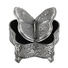 a silver butterfly shaped box with an open lid