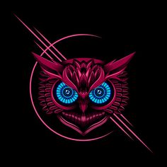 an owl with blue eyes and pink wings on a black background in the shape of a circle