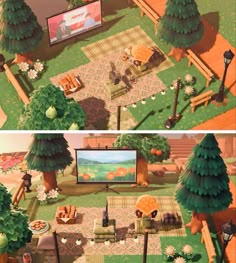 two screens showing different views of the same area with trees, couches and televisions