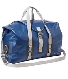 a blue duffel bag with two straps on the bottom and one strap hanging down