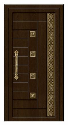 a brown door with gold trimmings and a decorative design on the side panel