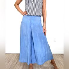 Nwot, Wide Leg Silky Flowy Butterfly Pants 100% Cupio Super Soft And Flowy Wear It With Nude Underwear! Versatile Blue Wide Leg Pants With Pockets, Versatile Blue Pants With Pockets, Non-stretch Blue Capris With Pockets, Blue Wide-leg Culottes For Spring, Blue High-waist Capris With Pockets, Blue Culottes For Spring, High Waist Blue Capris With Pockets, H&m Wide-leg Workwear Pants, Light Blue Wide Leg Bottoms For Loungewear