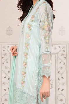 Maria B DW EF22 30 Blue Eid Casual Wear RTW 2022 Original brand suit fabric and photography lite diffrance in actual print. Light Blue Long Sleeve Sets For Summer, Summer Blue Embroidered Sets, Embroidered Blue Summer Sets, Summer Embroidered Blue Sets, Blue Embroidered Sets For Spring, Maria B, Ladies Clothing, Pakistani Designers, Shalwar Kameez