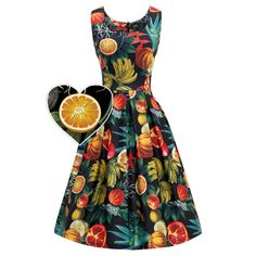 Amanda Scoop Neck Swing Dress in Black Tropical Print-Dresses-Glitz Glam and Rebellion GGR Pinup, Retro, and Rockabilly Fashions Florida Dress, Tropical Fabric Prints, Retro Style Dress, Tropical Fruits, Fruit Print, Box Pleats, Spin Cycle, Tropical Print, Fitted Bodice