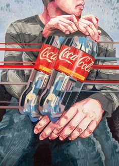 a painting of a man holding two cans of coca - cola