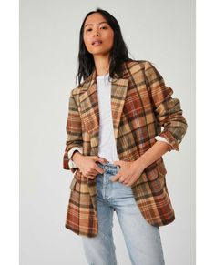 Add the ideal vintage-inspired touch to any look with this forever essential blazer featured in staple, classic silhouette and perfect plaid print for timeless style from season to season. Fit: Relaxed, slouchy fitFeatures: Button-front closure, staple shawl collar, defined shoulders, menswear-inspired fitWhy We <3 It: Just as effortless as it is essential, this oversized blazer adds the perfect touch of print and shape to any look. Care/Import Dry Clean Only Import Measurements for size small B Winter Wheat, Wardrobe Must Haves, Checkered Blazer, Olive Green Jacket, Womens Closet, Single Button Blazer, Body Suits, Free People Jacket, Skirts Jeans