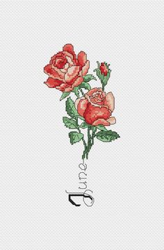 a cross stitch pattern with two roses in a vase and the word love written on it