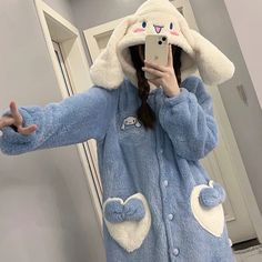 Winter Plush Long Sleeve Outerwear, Hooded Plush Outerwear For Winter, Kawaii Long Sleeve Sleepwear For Sleepover, Cute Winter Sleepwear For Sleepover, Oversized Long Sleeve Cozy Sleepwear, Oversized Cozy Long Sleeve Sleepwear, Cute Soft Long Sleeve Sleepwear, Cute Long Sleeve Soft Sleepwear, Cute Long Sleeve Winter Sleepwear