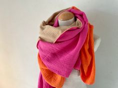 Muslin cloth XXL wrap scarf triangle loop scarf pink fuchsia neon orange rust pink cotton scarf stole summer scarf triangular scarf Beautiful muslin cloth You'll love this scarf! It's a large square, wonderfully soft and a nice size to snuggle up in. By using three different muslin fabrics, this cloth is particularly cozy and completely versatile. Dimensions: approx. 133 x 133 cm Material: 100% cotton Care: 30 degrees gentle wash Pink Scarf For Spring Beach Outing, Trendy Cotton Scarf For Summer, Trendy Cotton Scarves For Summer, Trendy Cotton Summer Scarves, Trendy Summer Cotton Scarves, Trendy Pink Scarves One Size, Trendy Pink Scarves, Pink Shawl Scarves For Spring, One Size Pink Shawl For Spring