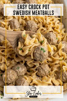 Close up of Swedish meatballs on a wooden spoon over a Crockpot. Meatballs And Noodles Recipe, Crock Pot Swedish Meatballs, Frozen Meatballs Crockpot, Easy Slow Cooker Meal, Swedish Meatball Recipe, Slow Cooker Swedish Meatballs, Swedish Meatballs Crockpot, Swedish Meatballs Easy, Meatball Recipes Crockpot