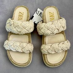 New With Tag. Zara Braided Double Straps Sandals. Thick Espadrille Sole. Size 36. Some Minor Dark Spots From Being On Displayed. Beige Slip-on Heels For Summer, Beige Platform Slip-on Sandals, Beige Slip-on Platform Sandals, Beige Closed Toe Platform Sandals, Cream Flat Heels For Summer, Summer Cream Flat Heels, Straw Sandals With Textured Footbed And Round Toe, Cream Round Toe Sandals For Beach Season, Cream Round-toe Sandals For Beach Season