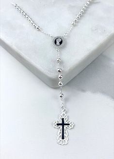 Silver Filled Beaded Chain Virgin Mary, Ave Maria Rosary Necklace, Lace Style & Black Details, Religious Jewelry, Wholesale Jewelry Supplies.- Rosary Size:Length: 19 inches | Drop Length: 3.2 inches | Thickness: 1.2mm | Beads Width: 3.5mm | Cross Length: 0.9 inches | Cross Width: 13.6mm | Virgin Length: 0.5 inches Cheap Silver Crucifix Rosary, Affordable Elegant Silver Rosary Bracelet, Black Virgin Mary, Virgin Mary Rosary, 2mm Beads, Wholesale Jewelry Supplies, Rosary Necklace, Jewelry Wholesale, Religious Jewelry