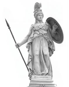 the statue is holding a shield and spear