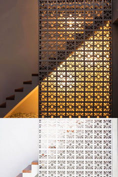 White glazed breeze blocks used as stair guards, forming a bold, eye-catching pattern during the day and casting hypnotic light and shadows at night. Arid Landscape, Clay Imports, Breeze Blocks, Handmade Tiles, Modern Trend, Architectural Inspiration, Stairs Design, Holiday Inn, Social Distancing