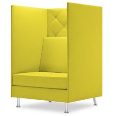 a yellow chair with an open back and buttoning on the armrests is shown